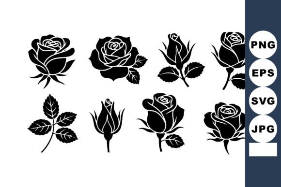 Black Silhouette Rose Flowers and Buds V for Branding and Marketing