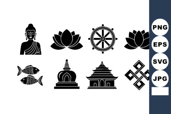 Buddha Statue Lotus Flowers Dharma Wheel Graphics