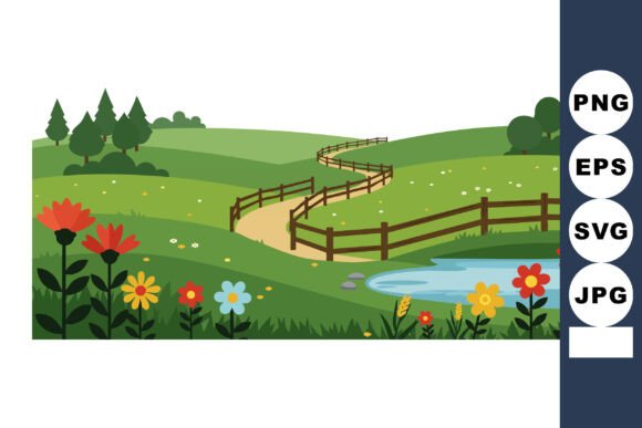 Colorful Flowers with Winding Path and P