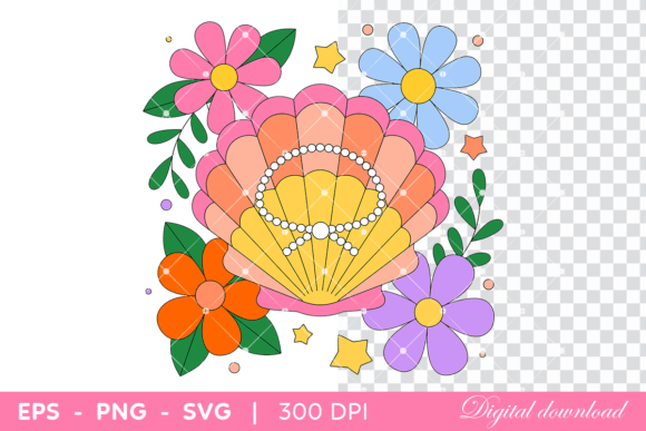 Colorful Seashell with Pearl and Flowers Graphics