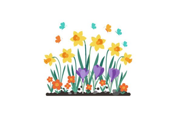 Colorful Spring Flowers with Butterflies Graphics