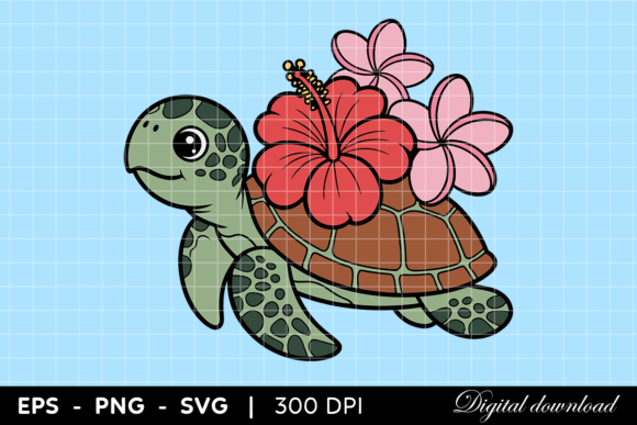 Cute Sea Turtle with Tropical Flowers Graphics