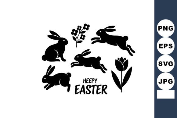 Easter Rabbits and Flowers Black Silhouette Graphics