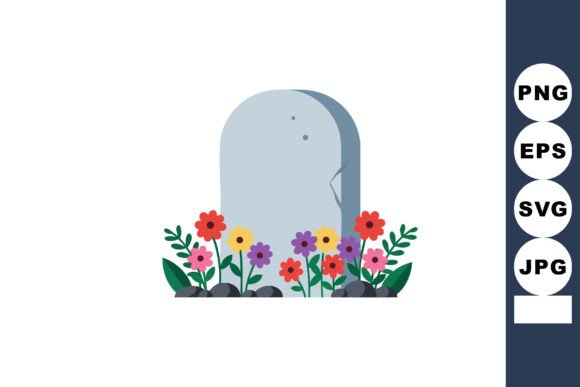 Gravestone with Colorful Flowers and Graphics