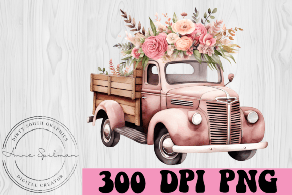 Old Pink Truck with Flowers Graphics