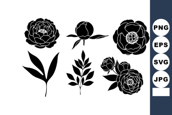 Peony Flowers and Leaves Black Silhouette Graphics