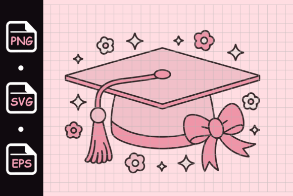 Pink Graduation Cap with Bow and Flowers Graphics