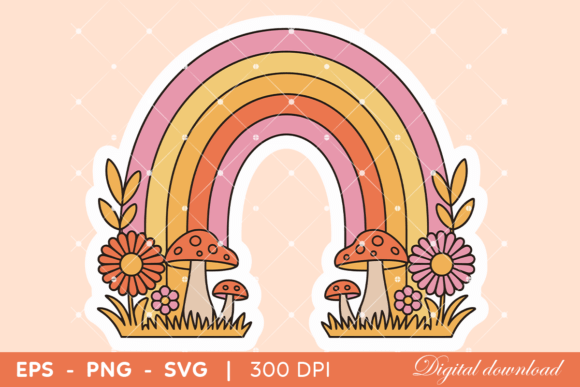 Retro Rainbow with Mushrooms and Flowers Graphics