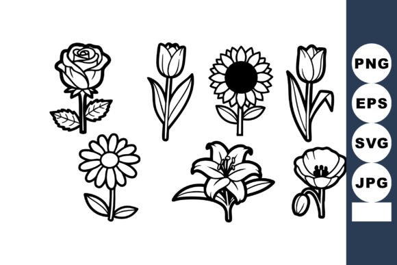 Set of Seven Different Flowers Including Graphics