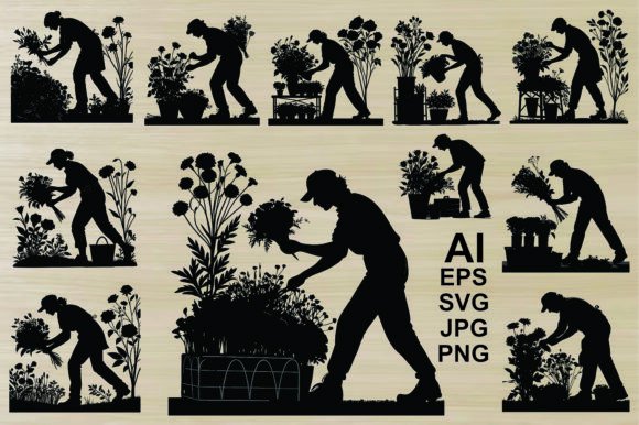 Silhouette Man Gardening Flowers Bundle Graphics