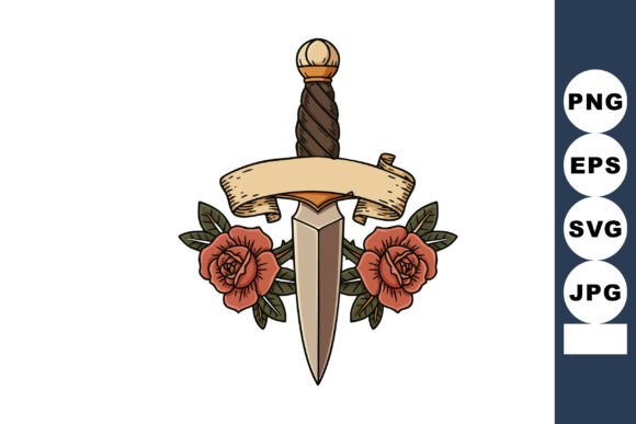 Sword with Roses Vintage Tattoo Style De