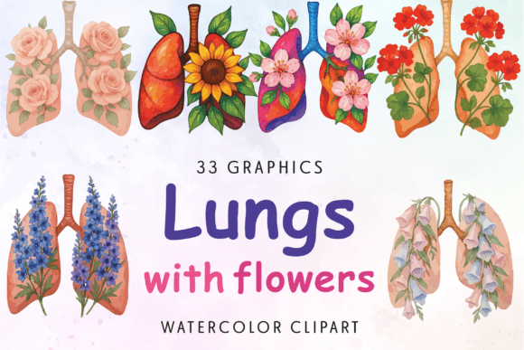Watercolor Lungs with Flowers Clipart for Blog and Web Design