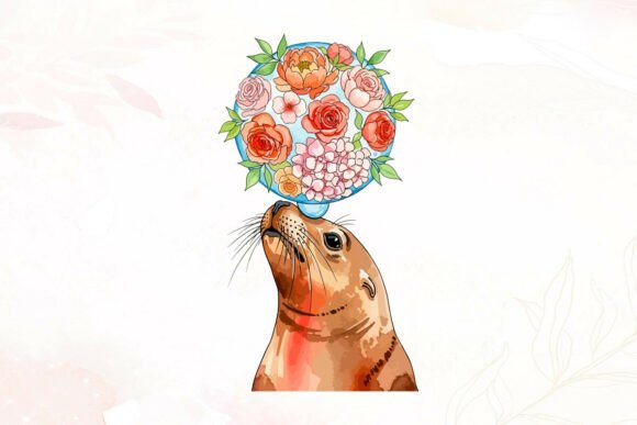 Whimsical Sea Lion Balancing Flowers Graphics